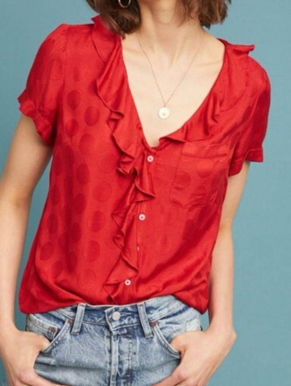 Maeve Red Ruffled Button-Front Blouse Size XS - Picture 1 of 7